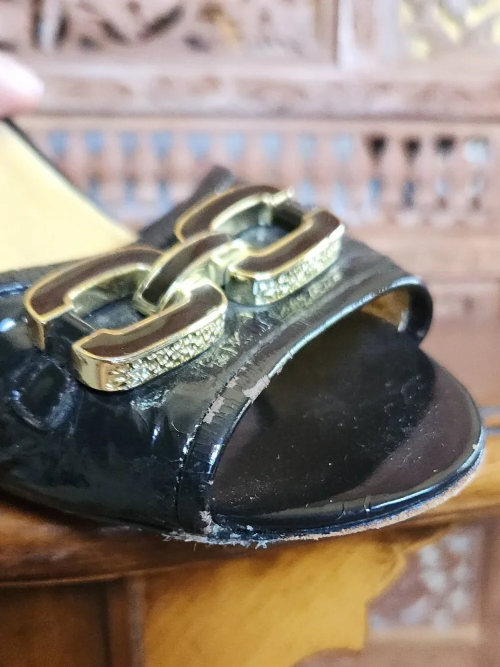 Coach Belinda Black Leather Heels with Gold Accents